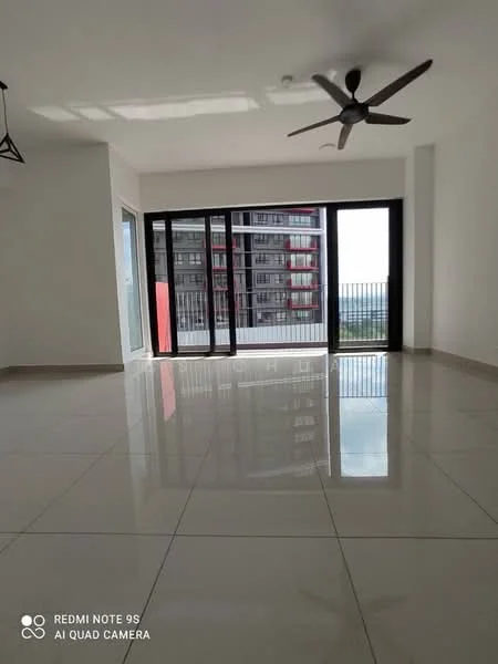 Living features: large floor-to-ceiling windows, sliding glass door, 5-blade ceiling fan, white painted walls, glossy ceramic tile flooring, open layout, balcony view, natural light; style: modern; view: city.