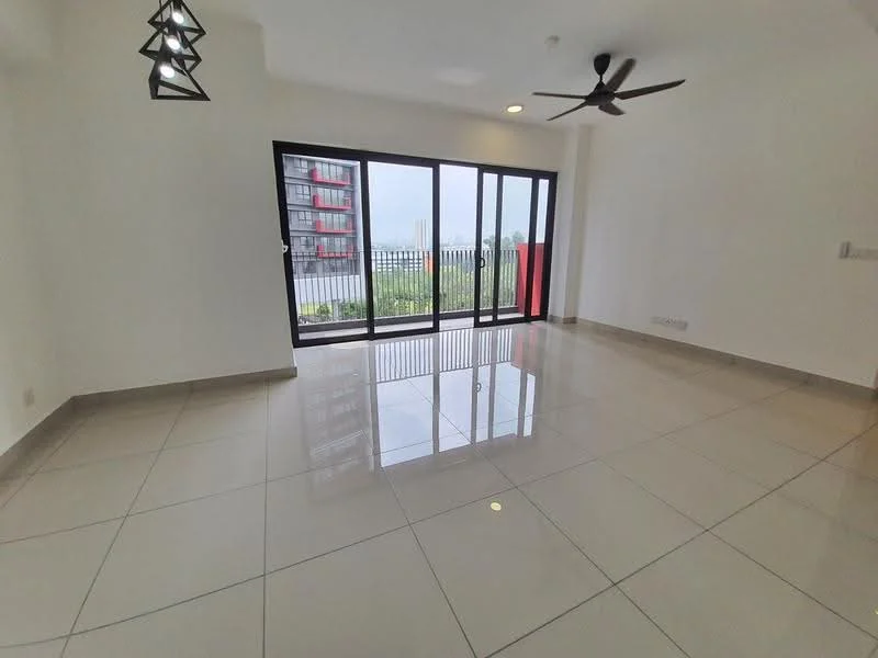 Living features: white painted walls, glossy ceramic tile flooring, 5-blade ceiling fan, recessed downlights, sliding glass door, floor-to-ceiling windows, blackout curtains, open layout, balcony view, natural light; style: modern; view: garden.