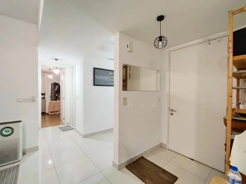 Room features: white painted walls, glossy ceramic tile flooring, recessed downlights, mirror panel, wooden shelving unit, white door, door mat, air purifier, open layout, hallway with access to other rooms; style: modern.