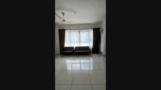 Living features: white painted walls, glossy ceramic tile flooring, 5-blade ceiling fan, floor-to-ceiling windows, sheer curtains, dark brown curtains, two-seater fabric sofa in dark brown, natural light from windows; style: modern.