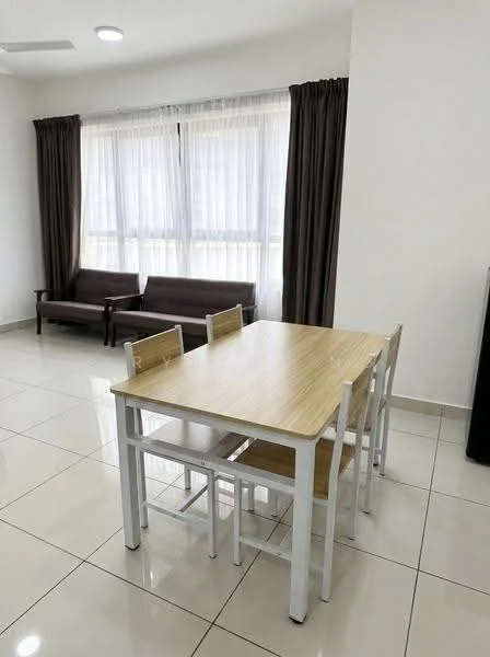 Dining features: wood dining table with white legs, 4 white dining chairs, large window with sheer curtains, brown curtains, tile flooring, recessed ceiling lights, 2 brown sofas, neutral wall color; style: modern.