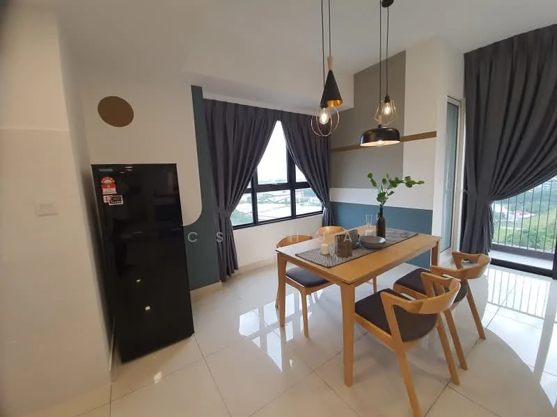 Dining features: dining table with 4 chairs, black fridge, floor-to-ceiling windows, grey curtains, white walls, accent wall in teal, pendant lighting, ceramic tile flooring, decorative plant in vase; style: modern; view: city.