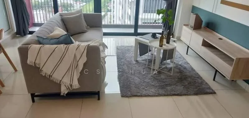 Living features: 3-seater fabric sofa in light grey, decorative throw blanket, area rug with shaggy texture, round coffee table in white, wooden TV console, floor-to-ceiling windows, curtains in dark grey, potted plant, wall-mounted TV, light-coloured wall with accent panel; style: modern.