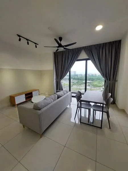 Living features: 3-seater fabric sofa in grey, coffee table, TV console, wall-mounted TV, floor-to-ceiling windows, sheer curtains, 5-blade ceiling fan, recessed downlights, white painted walls, glossy tile flooring, dining table with 4 chairs, view of greenery; style: modern; view: garden.