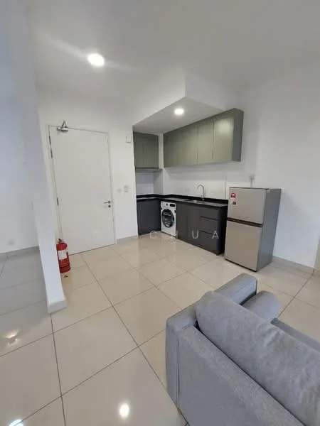Kitchen features: grey cabinetry, white walls, ceramic tile flooring, stainless-steel fridge, front-load washing machine, single-bowl stainless-steel sink, chrome pull-down faucet, recessed downlights, open layout, fire extinguisher, countertop space; style: modern.
