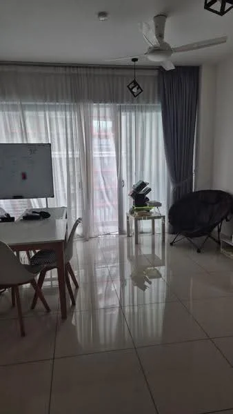 Living features: white painted walls, glossy ceramic tile flooring, 5-blade ceiling fan with light, floor-to-ceiling windows, sheer curtains, dark grey curtains, dining table with white chairs, black accent chair, decorative plants on table, wall-mounted whiteboard; style: modern.