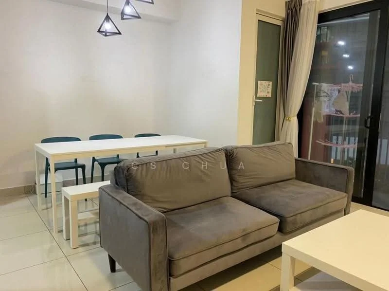 Living features: grey fabric sofa, white coffee table, white dining table, 4 green dining chairs, floor-to-ceiling sliding glass door, curtains, recessed ceiling lights, white painted walls, tile flooring; style: modern.