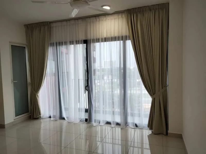 Room features: floor-to-ceiling windows, sheer curtains, beige drapes, white walls, glossy tile flooring, ceiling fan, natural light, balcony access; style: modern; view: city.
