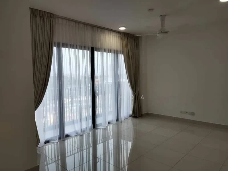 Living features: floor-to-ceiling windows, sheer curtains, cream painted walls, polished ceramic tile flooring, 5-blade ceiling fan, recessed downlights; style: modern; view: city.