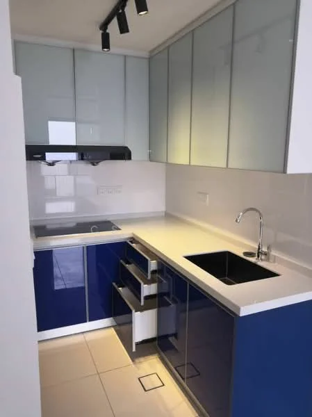 Kitchen features: blue cabinetry, white countertop, single-bowl stainless-steel sink, chrome pull-down faucet, built-in stove, glass upper cabinets, drawer storage, tile backsplash, recessed lighting; style: modern.