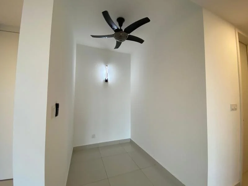 Room features: white painted walls, ceiling fan, tile flooring, light fixture on wall, corner space; style: modern.