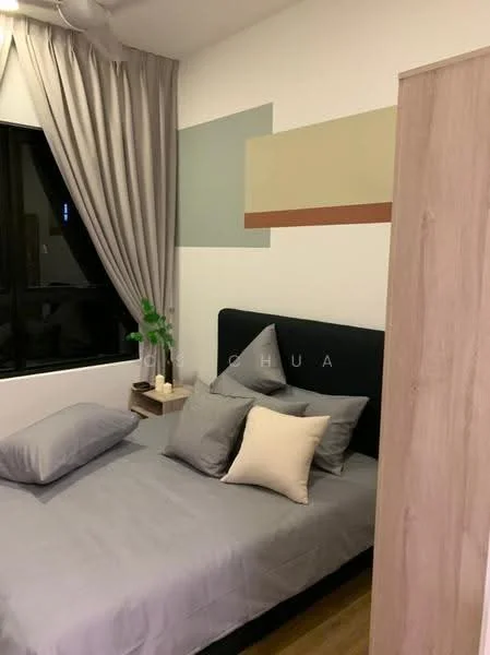 Bedroom features: queen-size bed with grey bedding, upholstered headboard in black, two grey pillows, decorative cream pillow, wooden bedside table, table lamp on bedside table, curtains in light grey, wall with abstract color blocks, wooden wardrobe, wooden flooring, floor-to-ceiling window, indoor plant; style: modern.