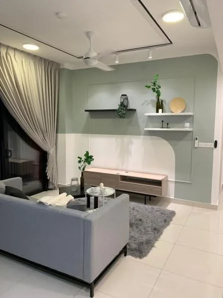 Living features: grey fabric sofa, coffee table, area rug with geometric pattern, wall-mounted TV console, decorative wall shelf, green accent wall, white painted walls, floor-to-ceiling windows with sheer curtains, 5-blade ceiling fan, recessed downlights; style: modern.