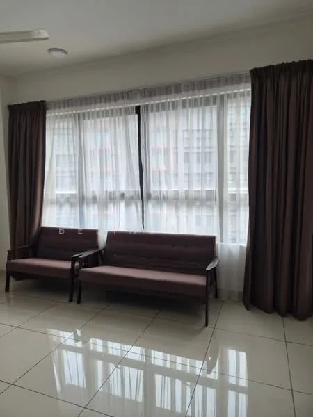 Living features: two brown fabric sofas, white sheer curtains, brown blackout curtains, large windows, glossy white tile flooring, recessed ceiling lights, air conditioning unit, neutral wall color; style: modern.