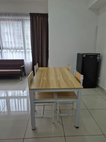 Dining features: rectangular wooden dining table with light wood finish, 4 white dining chairs, black fridge, white tiled flooring, large windows with sheer curtains, brown curtain drapes, sofa in background, neutral wall color; style: modern.