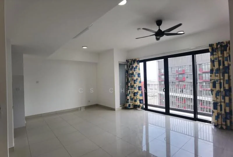 Living features: large floor-to-ceiling windows, sliding glass door, 5-blade ceiling fan with light, white painted walls, cream tiled flooring, curtains with geometric pattern, recessed downlights, open layout; style: modern; view: city.