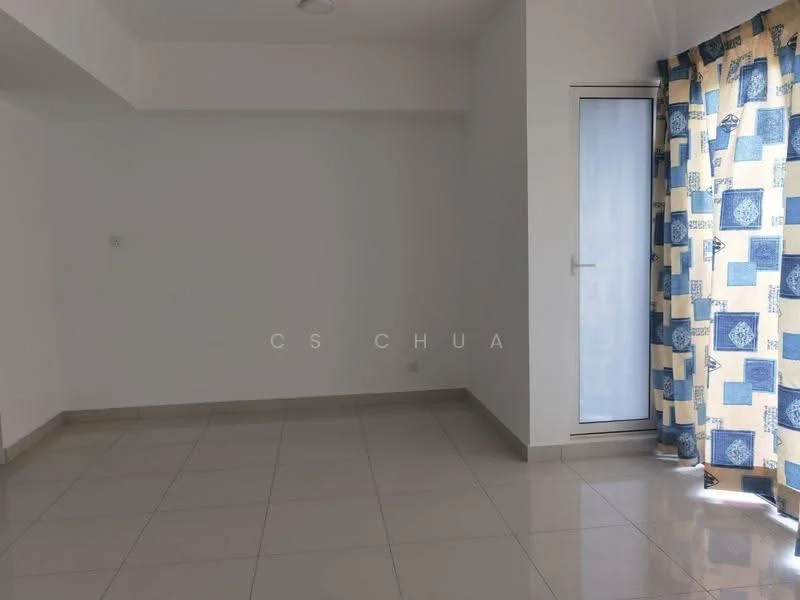 Room features: white painted walls, glossy tile flooring, floor-to-ceiling window, curtains with blue and yellow pattern, recessed ceiling lights; style: modern.