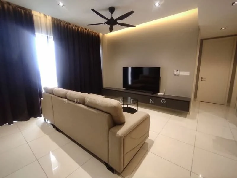 Living features: 3-seater fabric sofa in beige, wall-mounted TV, TV console in dark wood, white glossy tile flooring, 5-blade ceiling fan with light, floor-to-ceiling windows with sheer curtains, dark curtains, recessed lighting, neutral painted walls; style: modern.