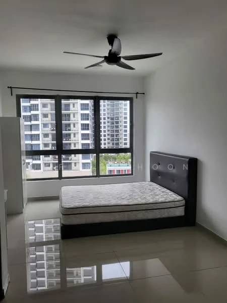 Bedroom features: queen-size bed, black upholstered headboard, ceiling fan, floor-to-ceiling windows, white painted walls, glossy tile flooring, curtains, view of city skyline; style: modern; view: city.