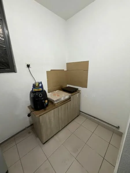 Laundry features: white painted walls, tile flooring, wooden cabinetry, countertop, appliance space, single window, plumbing connections, electrical outlet.