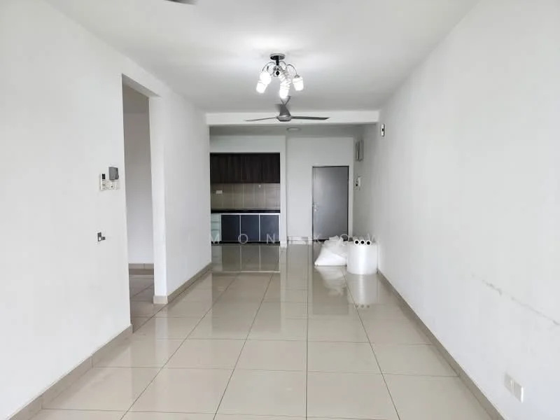 Living features: white painted walls, glossy ceramic tile flooring, 5-blade ceiling fan with light, recessed downlights, open layout, doorway leading to kitchen, doorway leading to hallway, two white storage containers; style: modern. Kitchen features: dark wood cabinetry, stainless-steel appliances, open layout to living area; style: modern.