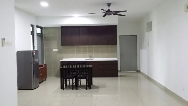 Kitchen features: white cabinets, brown wooden cabinetry, white countertop, stainless-steel fridge, 4-seater dining table, black dining chairs, grey tiled backsplash, recessed ceiling lights, ceiling fan, cream floor tiles; style: modern.