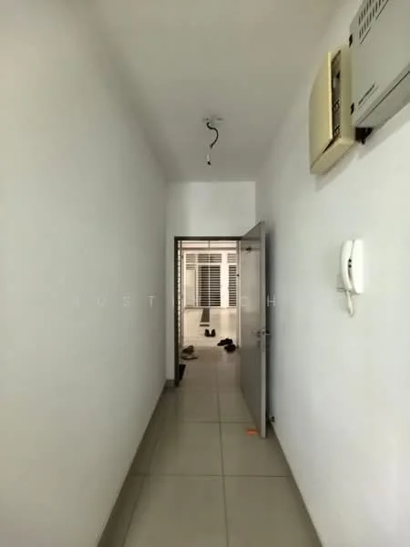 Hallway features: white painted walls, tile flooring, ceiling light fixture, 1 wall-mounted split AC, door leading to another room, window with blinds, shoe rack on the floor, neutral color scheme; style: modern.