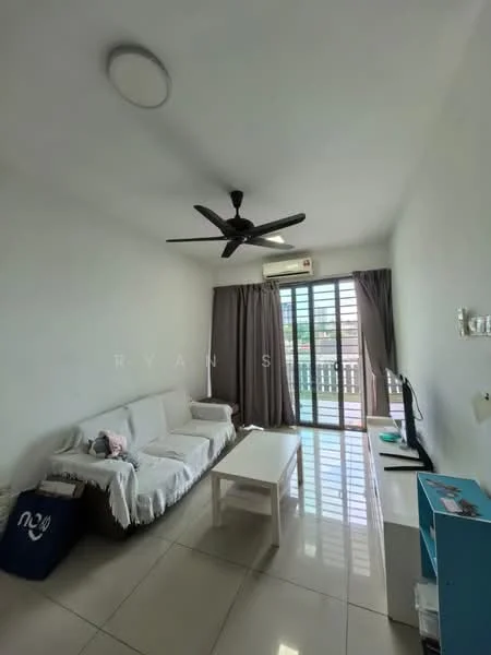 Living features: white painted walls, glossy tile flooring, 5-blade ceiling fan with light, sofa with throw blanket, white coffee table, TV console, floor-to-ceiling windows, sliding glass door, curtains, air conditioning unit; style: modern; view: garden.