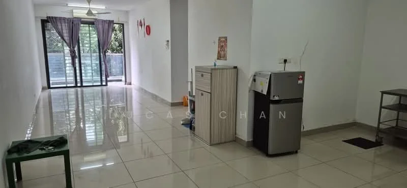Room features: white painted walls, glossy ceramic tile flooring, sliding glass door, floor-to-ceiling windows, grey sheer curtains, refrigerator, kitchen cabinet, metal shelving unit, ceiling fan with light, green plastic table; style: modern; view: garden.