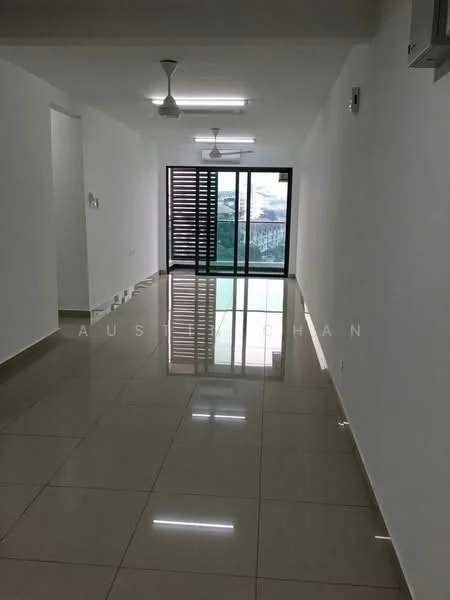 Living features: white painted walls, glossy ceramic tile flooring, recessed downlights, 2-blade ceiling fan, sliding glass door, floor-to-ceiling windows, air conditioning unit, open layout; style: modern; view: city.