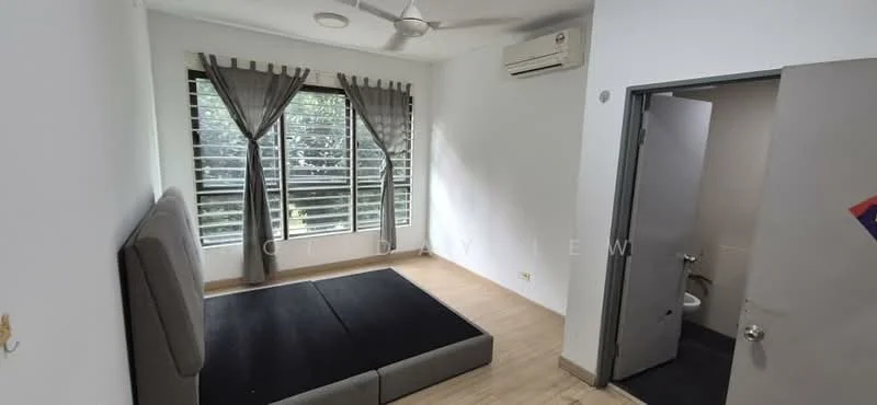 Bedroom features: white painted walls, laminate flooring, 5-blade ceiling fan, wall-mounted split AC, floor-to-ceiling windows, sheer curtains, window with view of greenery, empty bed frame, door leading to bathroom; style: modern; view: garden.