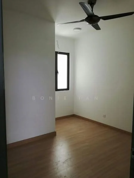 Room features: white painted walls, wooden flooring, single window, ceiling fan.