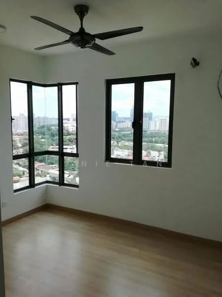 Room features: light wood laminate flooring, white painted walls, floor-to-ceiling windows, black window frames, ceiling fan, city view, corner room layout; style: modern; view: city.