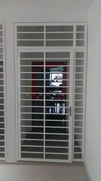 Room features: white walls, sliding glass door, security grille door, tile flooring, recessed lighting, door frame with horizontal slats; style: modern.
