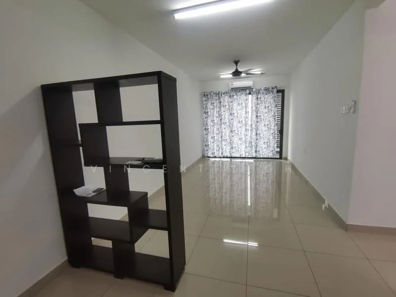 Living features: white painted walls, glossy ceramic tile flooring, 5-blade ceiling fan with light, floor-to-ceiling windows with sheer curtains, open layout, decorative room divider shelf, air conditioning unit; style: modern.