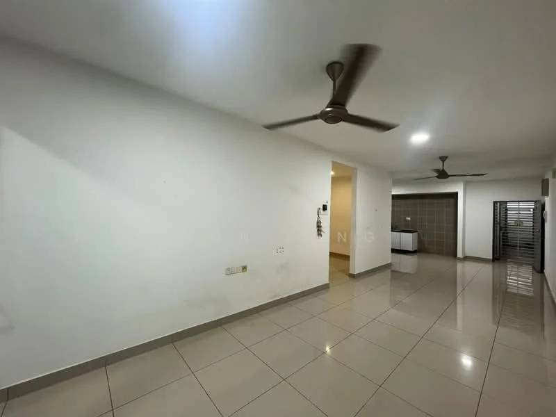 Living features: white painted walls, glossy ceramic tile flooring, ceiling fan, recessed downlights, open layout, neutral color scheme, large windows, access to adjacent room; style: modern.