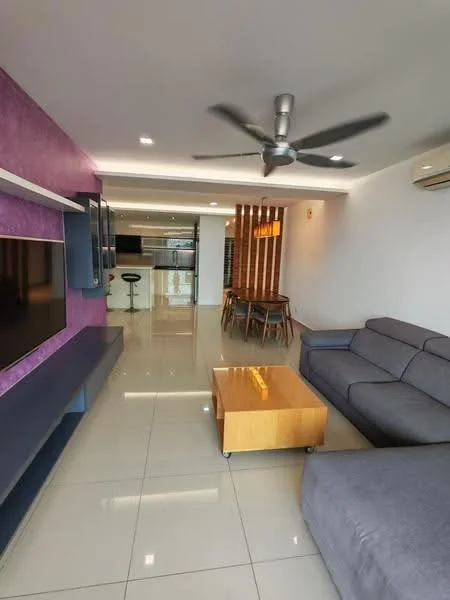 Living features: grey fabric L-shape sectional sofa, wood coffee table, wall-mounted TV, purple accent wall, white painted walls, recessed downlights, 5-blade ceiling fan, glossy tile flooring, open-plan layout to dining area, sliding glass door, air conditioning unit; style: modern. Dining features: round dining table, 4 wooden dining chairs, pendant light fixture, wooden partition wall, open-plan layout to living area; style: modern.
