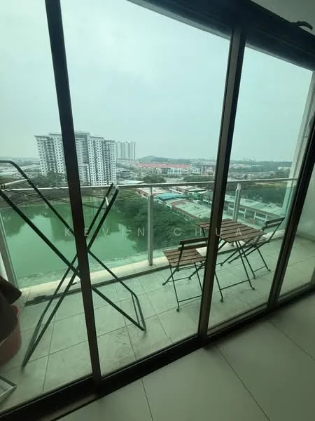 Room features: floor-to-ceiling glass doors, balcony with metal railing, outdoor folding chairs, outdoor folding table, ceramic tile flooring, city skyline view, greenery view; style: modern; view: city.
