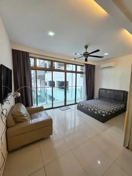 Bedroom features: king-size bed, upholstered headboard, 2-seater leather sofa, wall-mounted TV, floor-to-ceiling windows, curtains, recessed downlights, ceiling fan, air conditioning unit, glossy tile flooring; style: modern; view: pool.