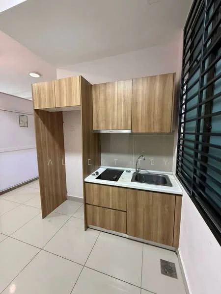Kitchen features: laminate cabinetry in wood finish, white quartz countertop, single-bowl stainless-steel sink, chrome pull-down faucet, built-in electric cooktop, exhaust hood, white tiled backsplash, ceramic tile flooring, recessed downlights, window with black metal grille; style: modern.