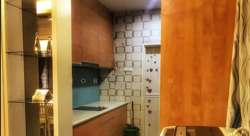 Kitchen features: light wood cabinetry, white countertop, blue backsplash, ceramic tile flooring, wall-mounted cabinets, open shelving, decorative wall with heart motifs, recessed lighting, kitchen appliances visible; style: modern.