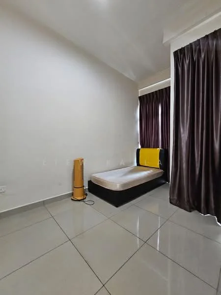 Bedroom features: cream painted walls, grey tiled flooring, black bed frame with mattress, floor-to-ceiling windows, dark brown curtains, standing fan, no visible closet or storage, minimal decor; style: minimalist.