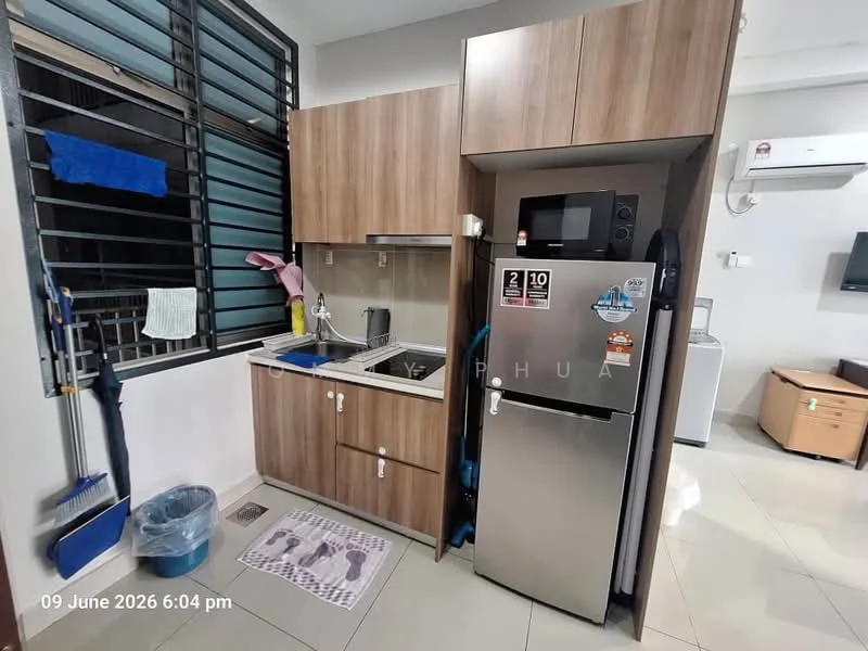 Kitchen features: brown wooden cabinetry, stainless-steel fridge, built-in microwave, single-bowl stainless-steel sink, chrome pull-down faucet, grey countertop, tile backsplash, ceramic tile flooring, window with horizontal blinds, cleaning supplies on wall-mounted rack, kitchen utensils on countertop; style: modern.
