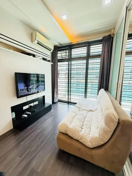 Living features: 3-seater fabric sofa in beige, wall-mounted TV, TV console in black, floor-to-ceiling windows, curtains in grey, air conditioning unit, laminate flooring, recessed LED downlights; style: modern; view: city.