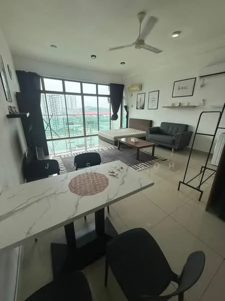 Living features: grey fabric sofa, wood coffee table, black dining chairs, white marble dining table, ceiling fan, floor-to-ceiling windows, black curtains, wall-mounted artwork, air conditioning unit, light-colored tiled flooring; style: modern; view: city.