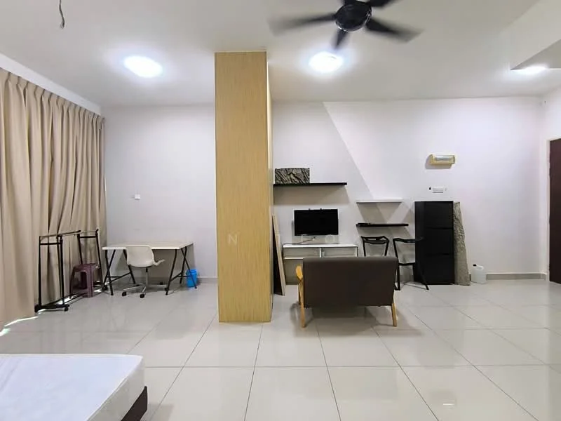 Living features: white painted walls, glossy tile flooring, ceiling fan, wall-mounted TV, wooden TV console, black shelving unit, light-colored sofa, study desk with chair, foldable table, curtains, air conditioning unit; style: modern.