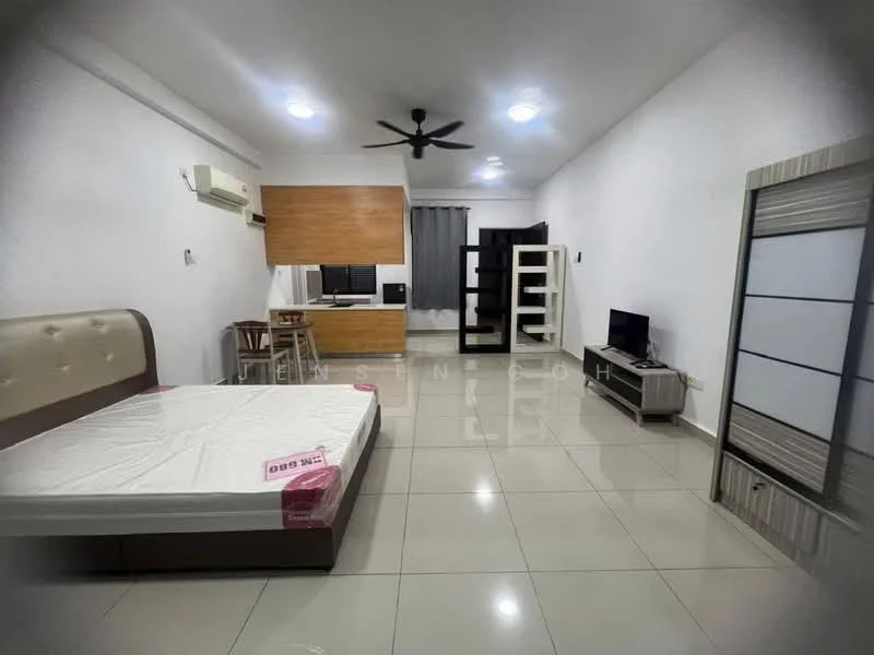Room features: white painted walls, glossy tile flooring, 5-blade ceiling fan, wall-mounted air conditioning unit, queen-size bed with upholstered headboard, wooden study desk, stool seating, TV mounted on wall, open shelving unit, curtains on window; style: modern.