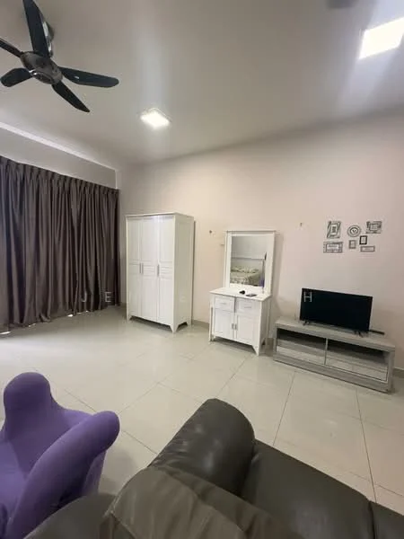 Living features: grey leather sofa, purple accent chair, white TV console, black wall-mounted TV, white dressing table, white storage cabinet, cream tiled flooring, brown curtains, recessed ceiling lights, ceiling fan with light; style: modern.