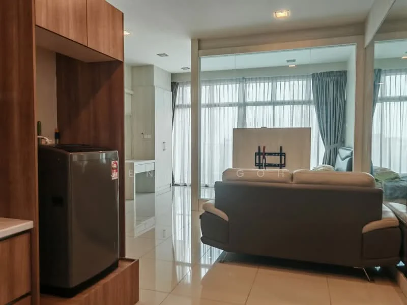 Living features: grey leather sofa, coffee table, floor-to-ceiling windows, sheer curtains, recessed downlights, white walls, glossy tile flooring, TV console, wall-mounted TV, decorative wall paneling; style: modern. Kitchen features: built-in cabinetry, stainless-steel fridge, countertop with storage, open shelving; style: modern.