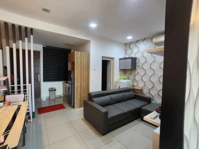 Living features: 3-seater fabric sofa in dark grey, coffee table, wall-mounted TV, recessed LED downlights, cream tiled flooring, white painted walls, decorative wall with wave pattern, air conditioning unit, open layout to kitchen, kitchen cabinetry in wood finish; style: modern. Kitchen features: stainless-steel fridge, built-in kitchen cabinets, countertop with space for appliances, kitchen sink, oven, microwave, tile backsplash; style: modern.